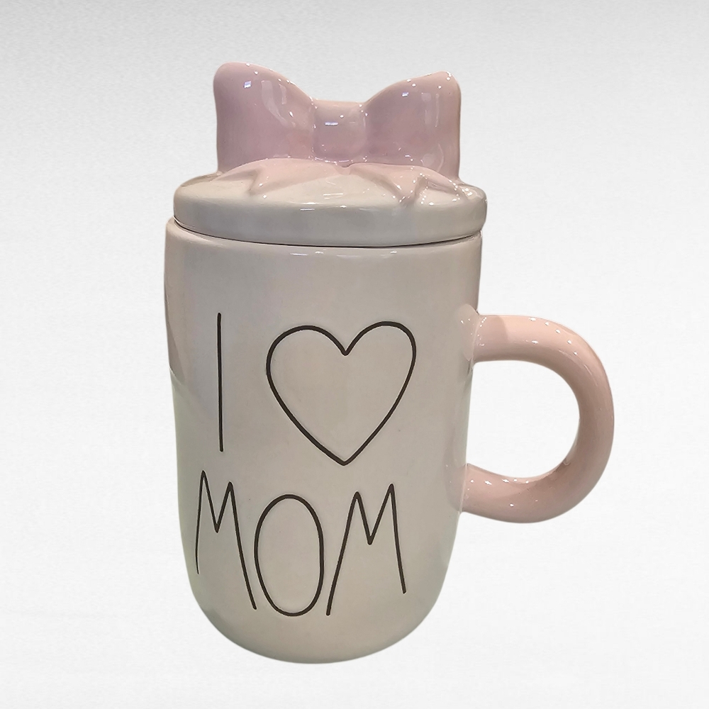 Rae Dunn Pink and White ''I Heart Mom' Mug with Bow Lid